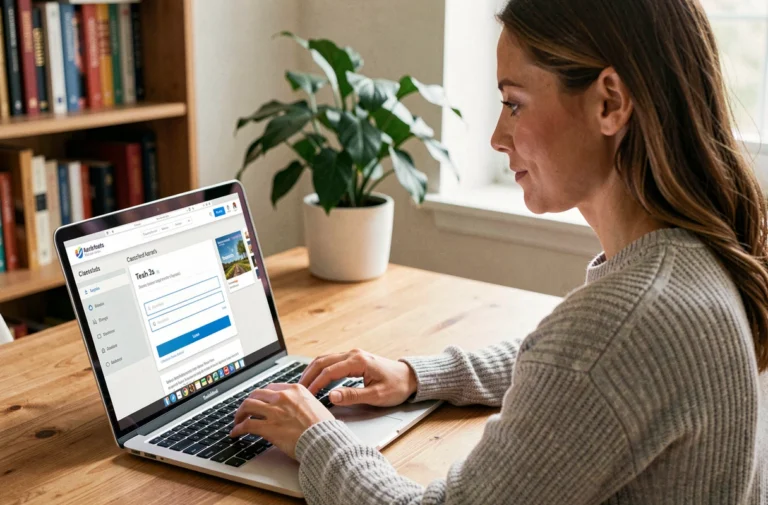 Femme accédant à son espace membre sur un site d'annonces en ligne depuis un ordinateur portable à son bureau