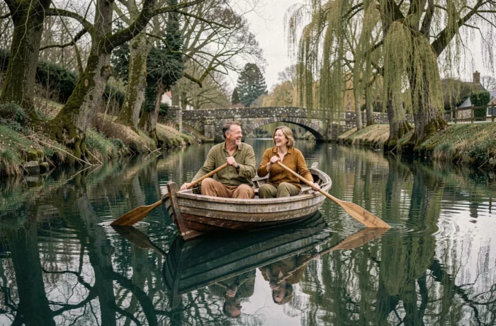 Couple faisant de la barque sur un estuaire breton entouré de végétation et d'un vieux pont en pierre