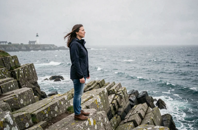 Femme debout sur les falaises granitiques de Bretagne contemplant l'océan Atlantique lors d'une randonnée côtière
