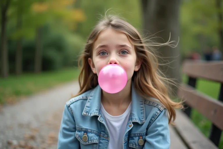 Adolescente soufflant une grosse bulle de chewing-gum rose dans un parc, assise sur un banc en bois