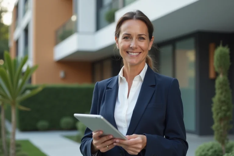 Agent immobilier professionnelle tenant une tablette avec des annonces immobilières devant un immeuble résidentiel moderne
