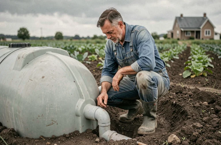 Agriculteur inspectant une cuve enterrée de récupération d'eau de pluie dans un champ agricole