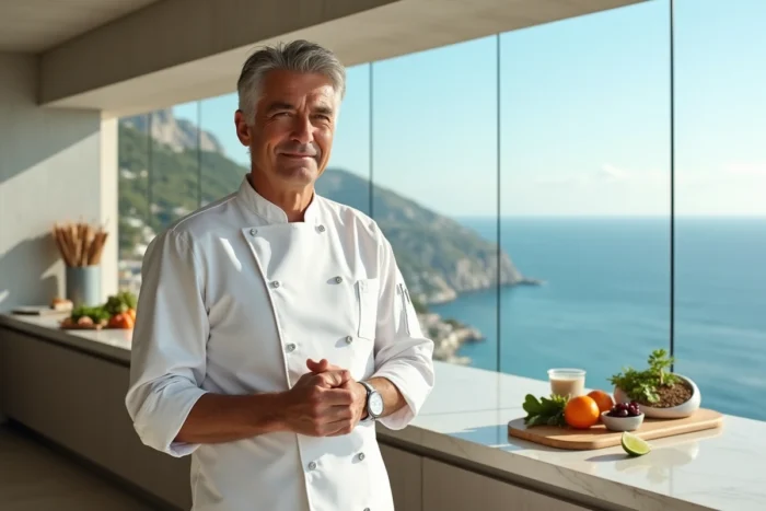 Portrait d'Alain Ducasse dans sa cuisine de l'Hôtel de Paris à Monaco avec vue sur la Méditerranée