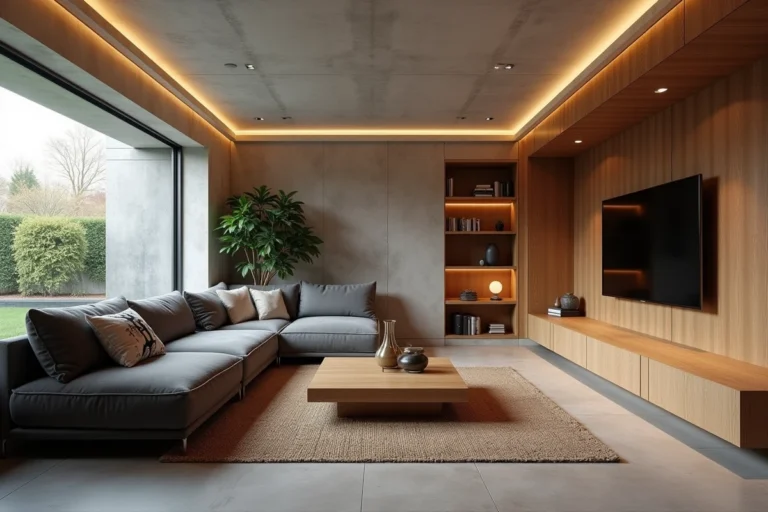Aménagement intérieur d'un sous-sol semi-enterré transformé en salon moderne avec fenêtres hautes et murs en béton apparent