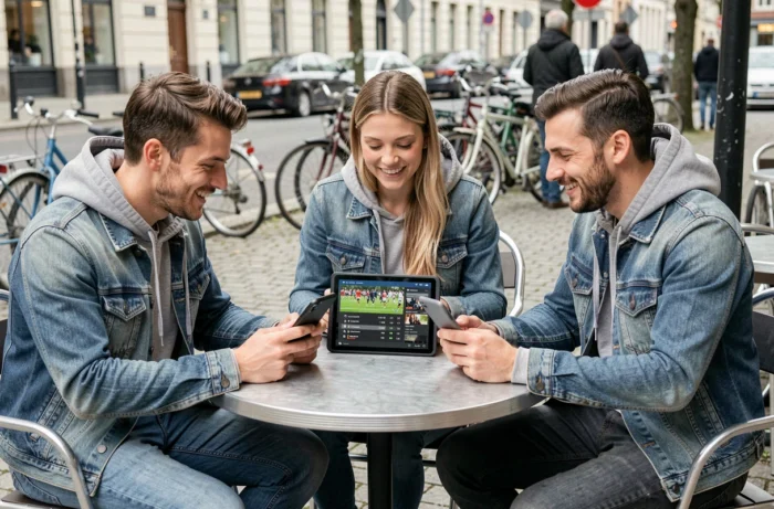 Groupe d'amis consultant des flux d'actualités sportives sur tablette et smartphones en terrasse de café