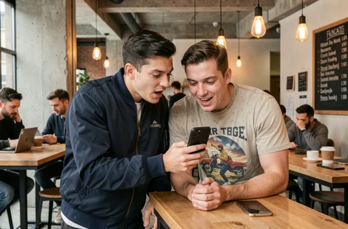 Deux amis geeks réagissent ensemble aux dernières actualités technologiques sur un smartphone dans un café coworking urbain