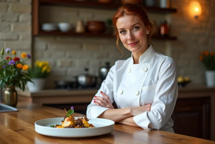Portrait d'Anne-Sophie Pic en cuisine à la Maison Pic de Valence, présentant un plat signature raffiné