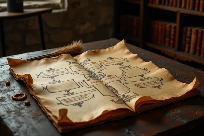 Parchemin ancien représentant l'arbre généalogique des rois de France avec calligraphie médiévale et sceaux de cire sur une table en chêne