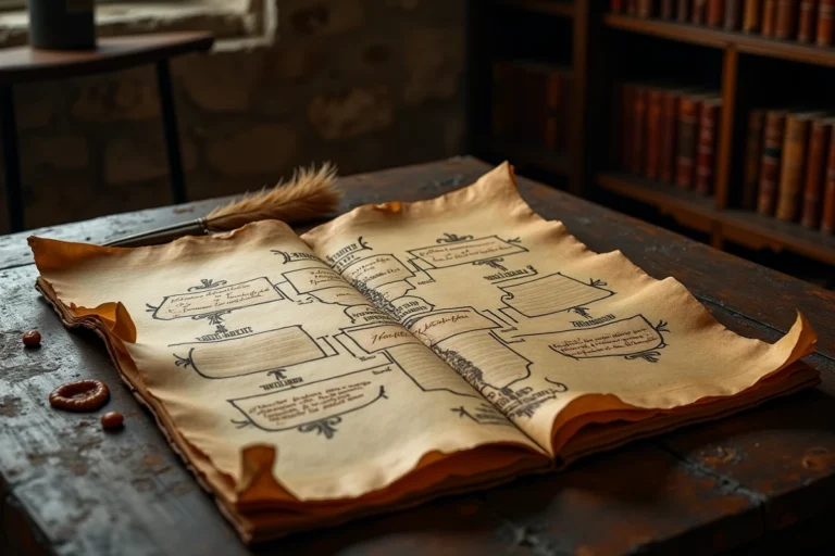 Parchemin ancien représentant l'arbre généalogique des rois de France avec calligraphie médiévale et sceaux de cire sur une table en chêne