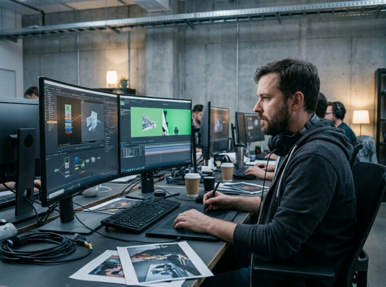 Artiste VFX masculin travaillant sur un logiciel de compositing 3D dans un studio de post-production professionnel
