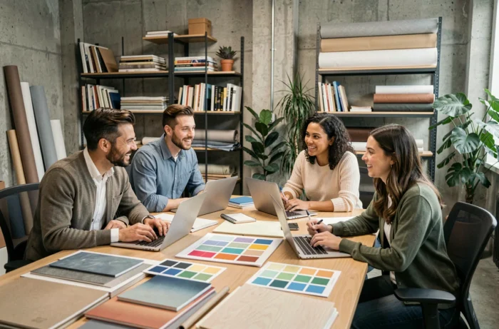Groupe de professionnels adultes en atelier de formation aménagement, collaborant autour de matériaux et plans dans un studio de design contemporain