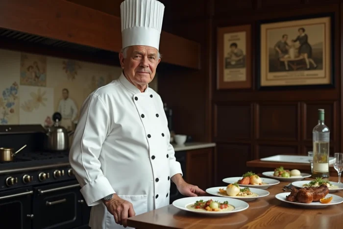 Portrait d'Auguste Escoffier en tenue de chef dans une cuisine de grand hôtel parisien du début du XXe siècle
