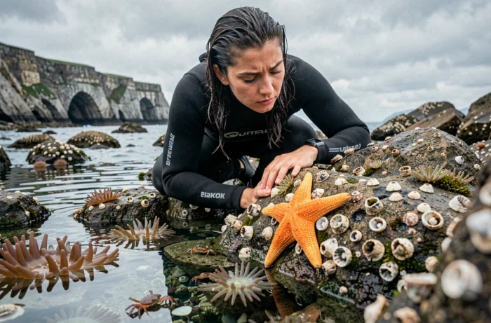 Biologiste marine observant une étoile de mer dans une mare côtière rocheuse, exploration de la biodiversité marine