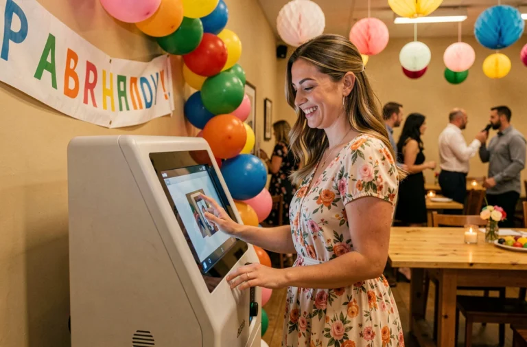 Femme utilisant une borne photo lors d'une fête d'anniversaire décorée de ballons colorés