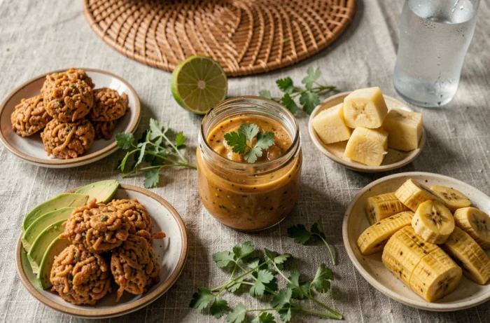 Buffet antillais avec pot de sauce chien en verre entouré d'accras de morue, d'avocat, d'igname et de bananes plantain sur une table en lin