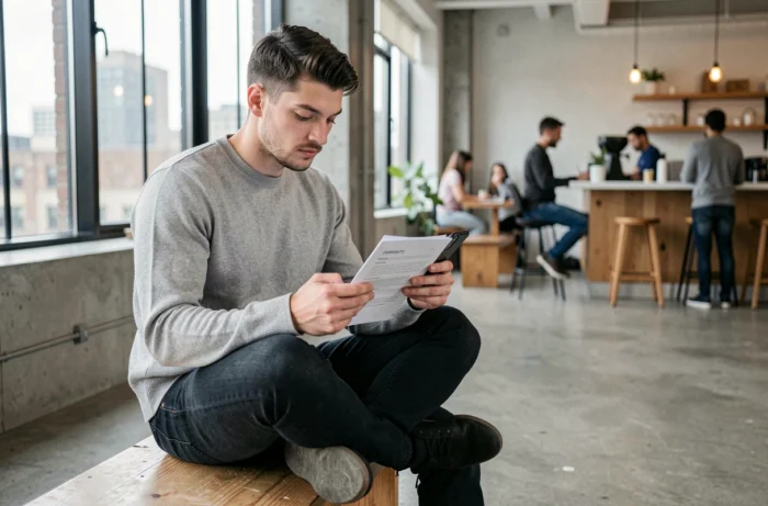 Jeune homme consultant son téléphone et son CV dans un espace de coworking lumineux pour préparer une candidature en startup
