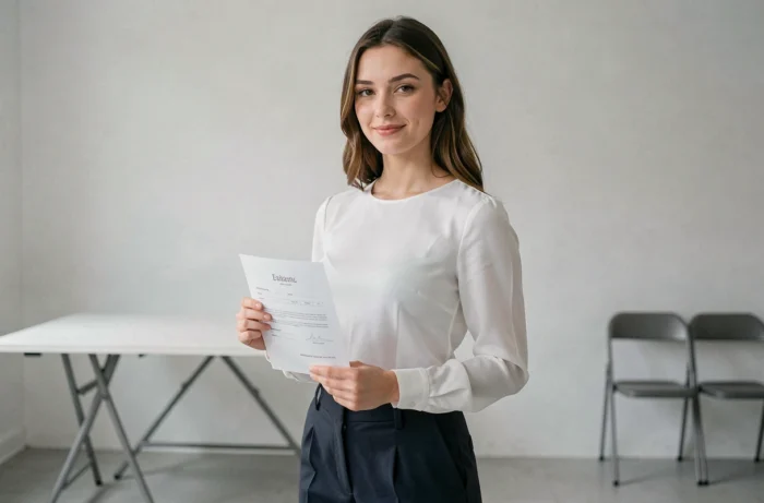 Jeune femme lors d'un casting de figuration à Paris tenant son formulaire devant un fond gris en studio