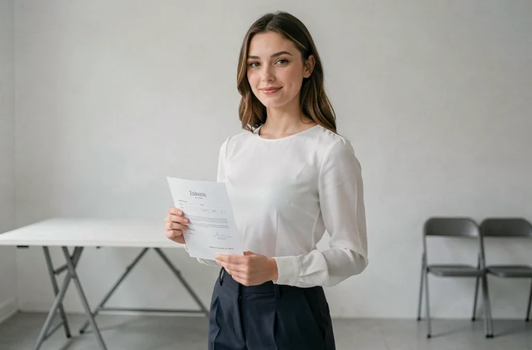 Jeune femme lors d'un casting de figuration à Paris tenant son formulaire devant un fond gris en studio