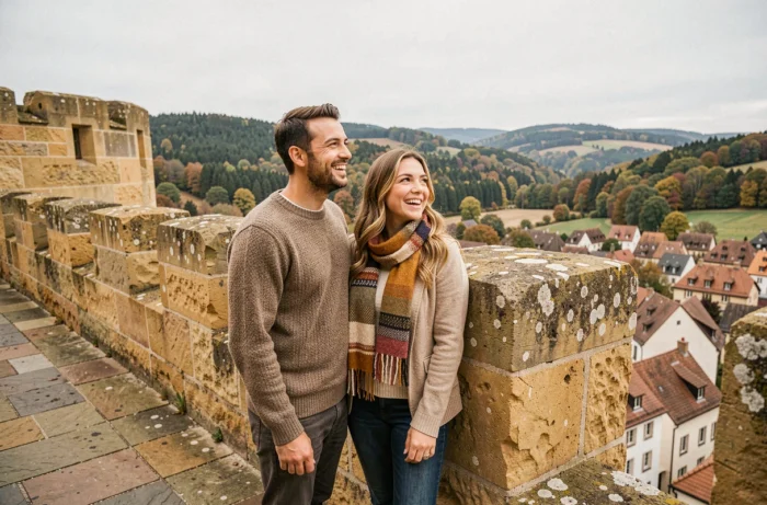 Couple admirant le panorama depuis les remparts du château médiéval de La Petite Pierre en Alsace