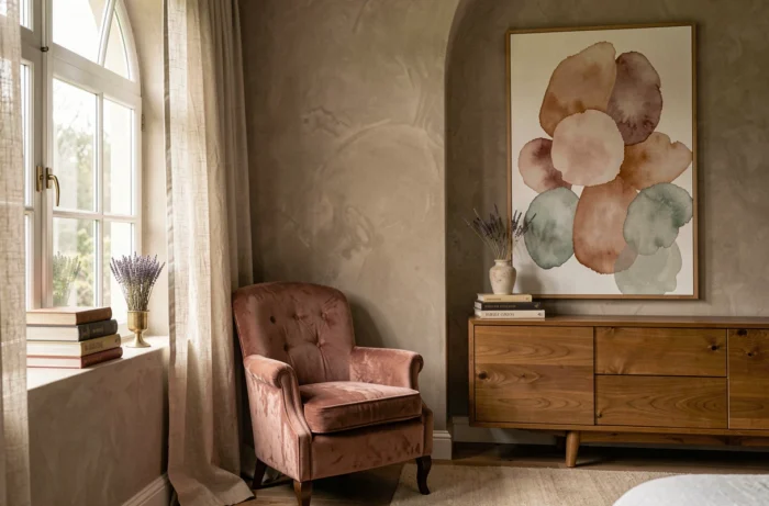 Coin lecture cosy dans une chambre avec fauteuil en velours rose poudré, fenêtre cintrée et décoration murale en plâtre argile pour un intérieur tendance