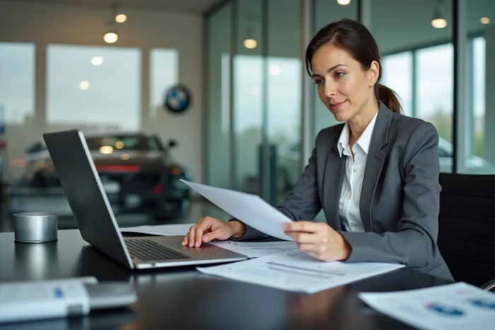 Commerciale BMW à son bureau dans une concession française, consultant des documents de vente et une configuration véhicule