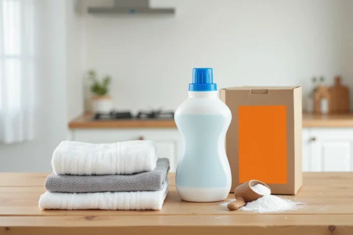Comparaison côte à côte d'une bouteille de lessive liquide et d'une boîte de lessive en poudre sur un plan de travail en bois