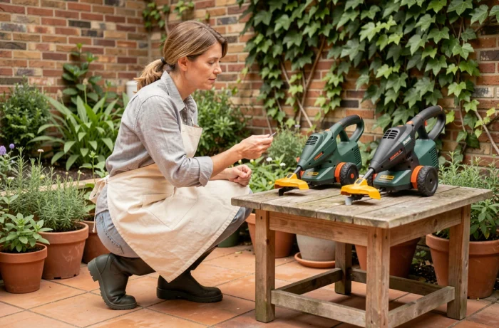 Donna che confronta due modelli di tagliaerba posati su un tavolo da giardino in legno in un patio con muro in mattoni e piante in vaso