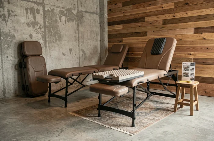 Comparaison de deux tables de massage côte à côte dont une pliée pour illustrer les critères de choix et de rangement