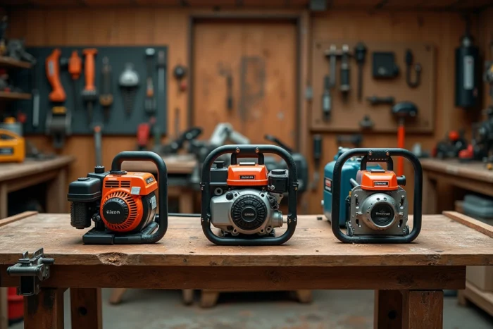 Comparaison de trois types de débroussailleuses thermique, électrique et à batterie posées sur un établi dans un atelier de jardinage