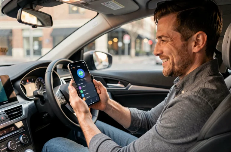 Conducteur souriant utilisant l'application Waze sur smartphone monté sur tableau de bord dans une voiture moderne