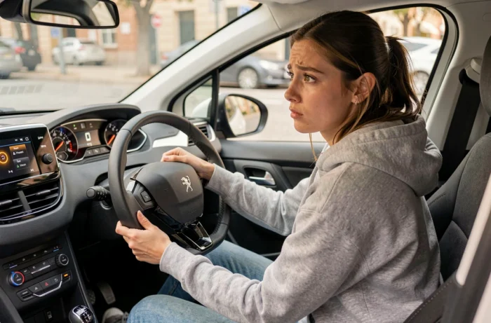 Conductrice de Peugeot 208 examinant les voyants du tableau de bord avec attention