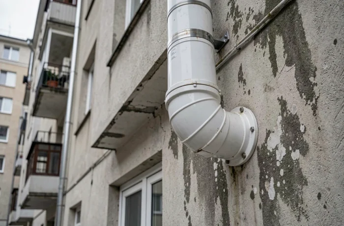 Conduit d'évacuation des fumées d'une chaudière à condensation sur la façade d'un immeuble résidentiel