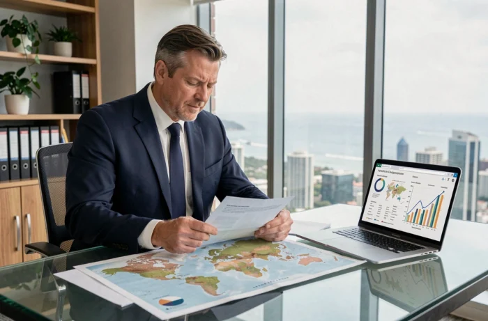 Conseiller financier analysant des documents fiscaux internationaux dans un bureau moderne avec vue sur une ville côtière