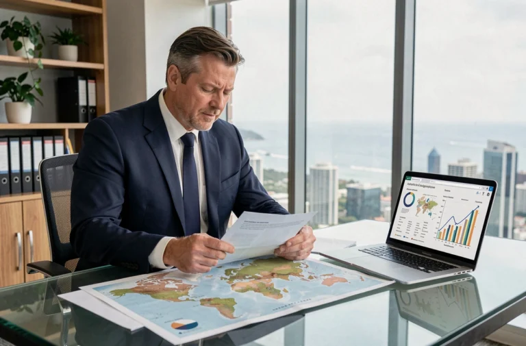 Conseiller financier analysant des documents fiscaux internationaux dans un bureau moderne avec vue sur une ville côtière