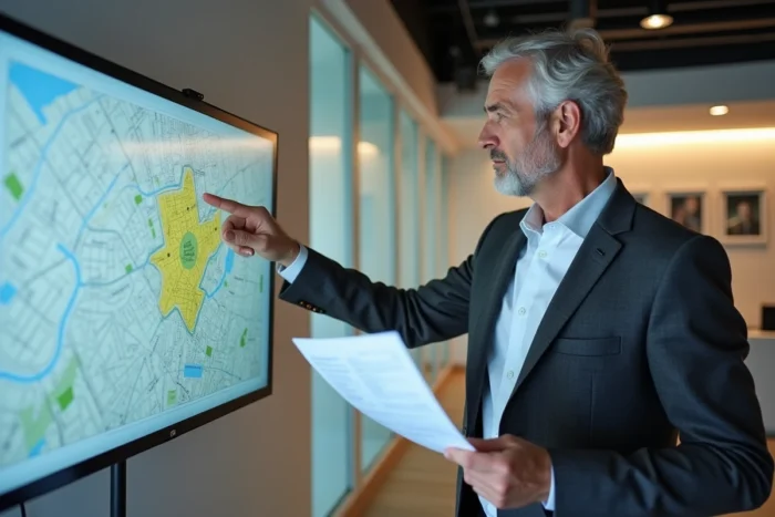 Conseiller immobilier expérimenté présentant une carte cadastrale en ligne dans une agence immobilière professionnelle