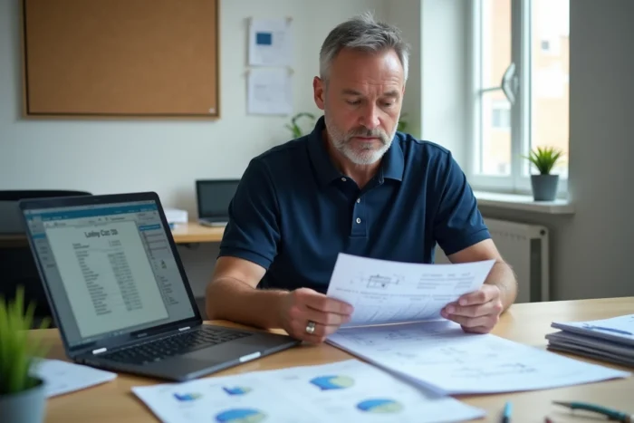 Conseiller en location d'échafaudage analysant un devis tarifaire et des plans techniques dans un bureau professionnel