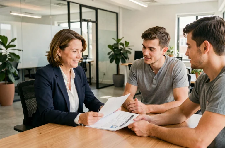 Conseillère immobilière expliquant un contrat de logement à un couple de particuliers dans un bureau professionnel