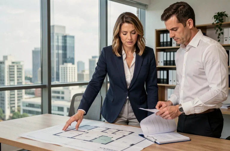 Conseillère immobilière présentant un plan architectural à un client dans une agence moderne