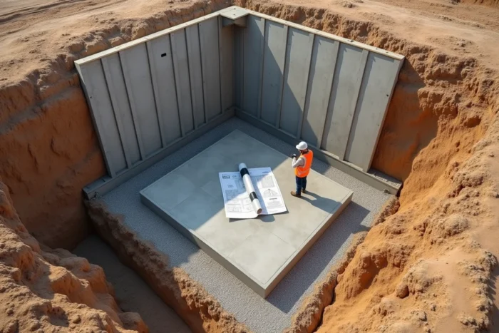 Chantier de construction d'un sous-sol semi-enterré avec murs en béton, membrane d'étanchéité et travaux de fondation en cours