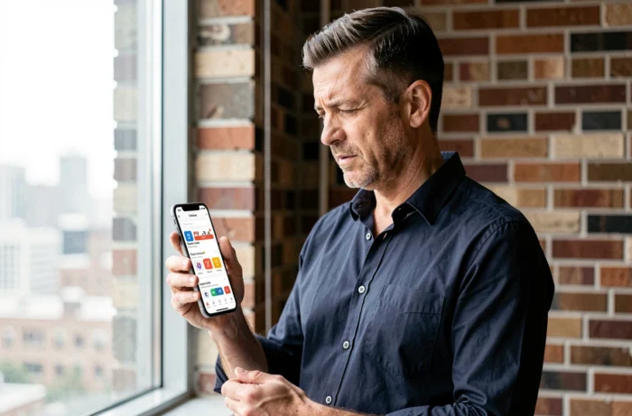 Homme consultant ses annonces personnelles sur un smartphone depuis une application de petites annonces