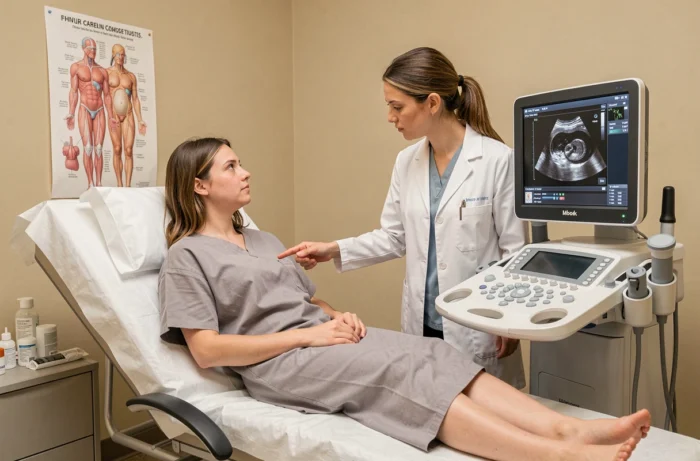 Patiente enceinte en consultation d'échographie précoce discutant du sac gestationnel avec sa gynécologue