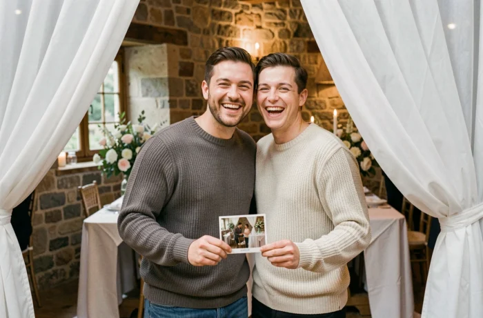 Couple souriant posant dans une borne photo lors d'une réception de mariage rustique