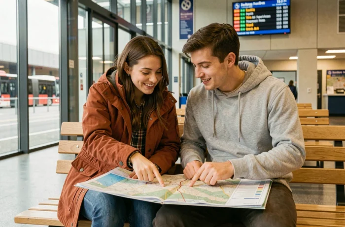 Couple de voyageurs consultant une carte de bus dans une gare routière en France