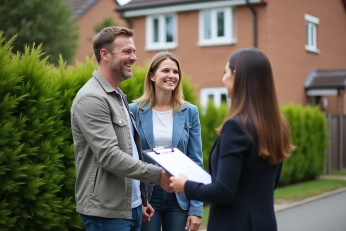 Couple d'investisseurs immobiliers signant un accord avec une agente devant une maison résidentielle en banlieue