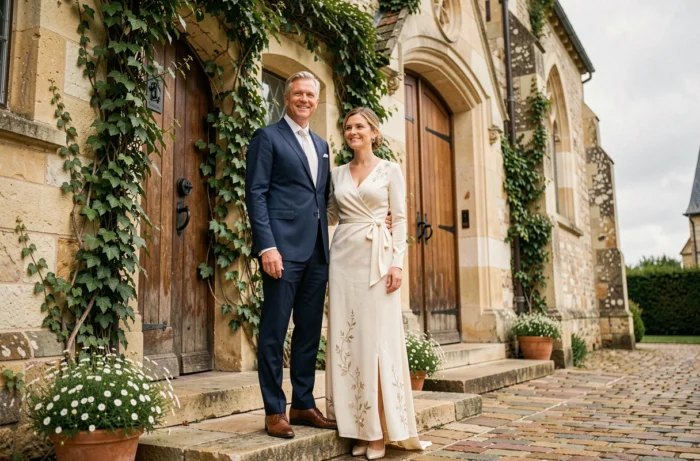 Couple élégant en tenue de mariage devant une chapelle en pierre française ornée de fleurs blanches