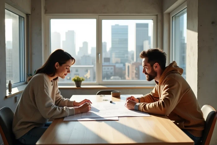 Jeune couple examinant des plans immobiliers dans un appartement contemporain avec vue sur la ville