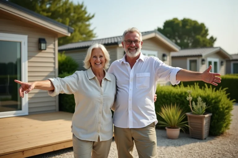 Couple de propriétaires devant leur mobil-home sur une parcelle privatisée dans un PRL en Vendée
