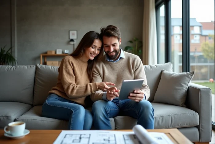 Couple étudiant un dossier immobilier en ligne sur tablette dans un salon moderne avant un achat