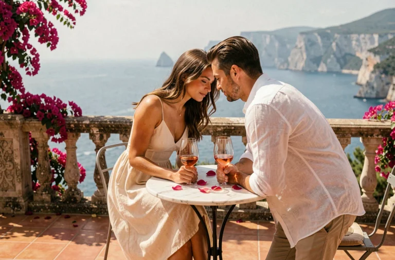 Couple romantique sur une terrasse d'hôtel avec vue sur la mer Méditerranée et la Côte d'Azur