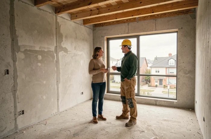 Couple visitant un appartement en rénovation avec un entrepreneur lors d'un projet immobilier
